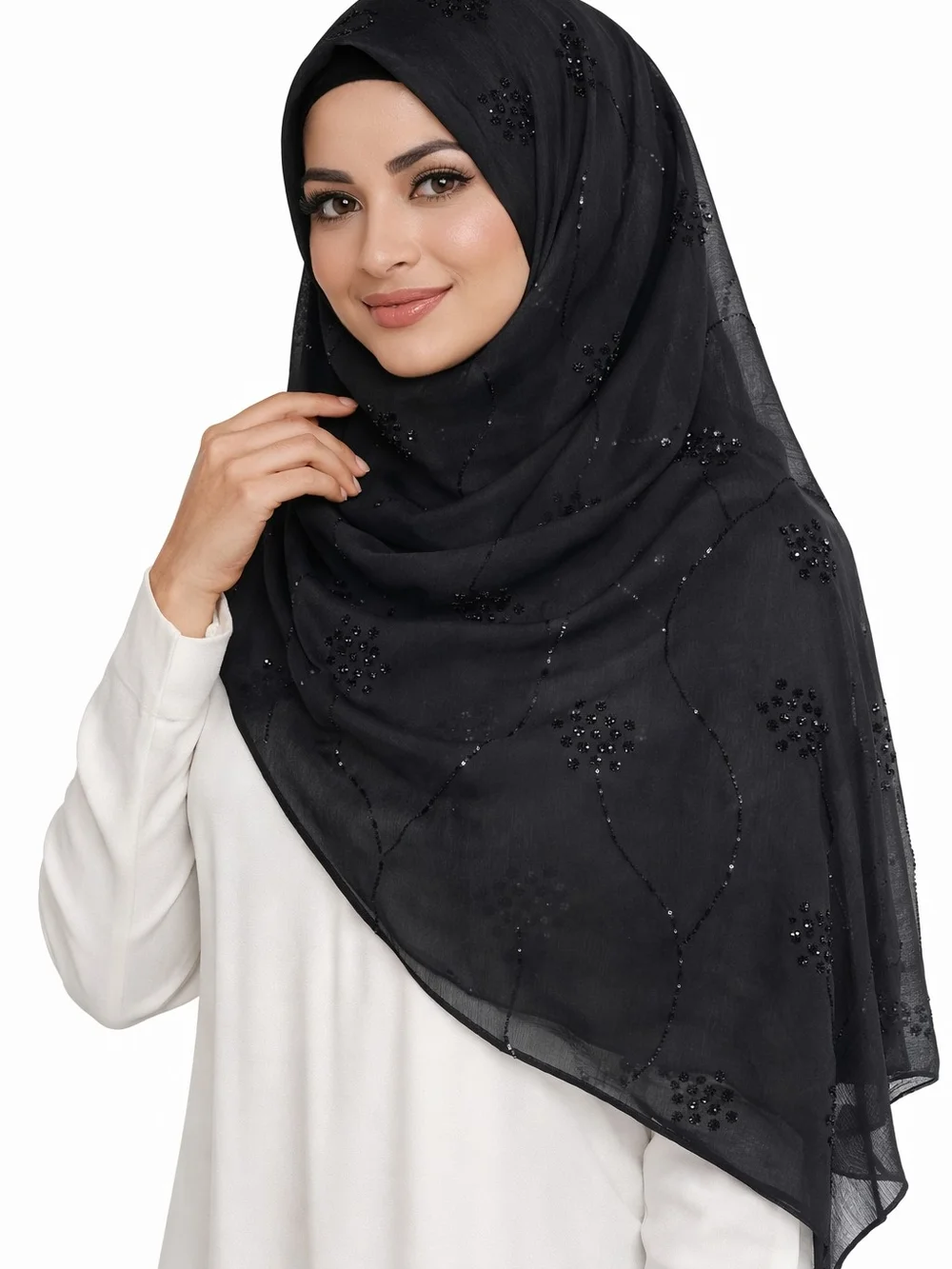 Chic Black Beaded Hijab Scarf - Women Accessories